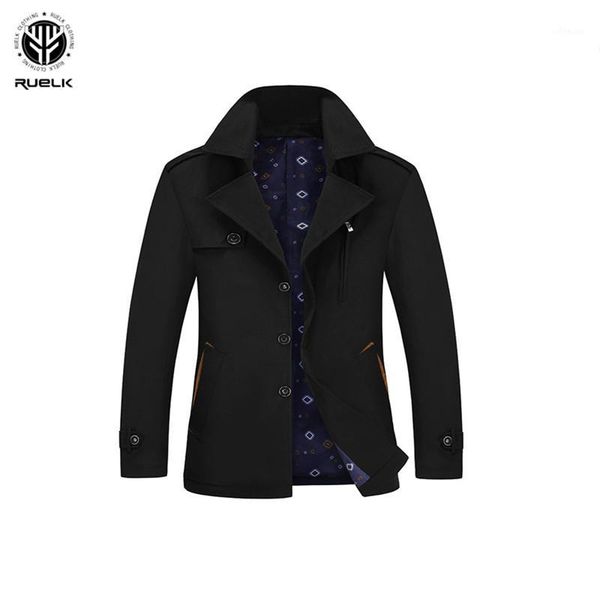 

ruelk 2020 autumn and winter casual men's windbreaker solid color anti-wrinkle mid-length business gentleman lapel windbreaker1, Tan;black
