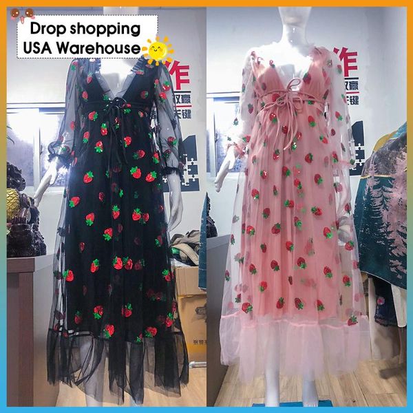 

female summer new 2020 v-neck belt strawberry stamping short sleeve party mid-length dress net yarn summer new, White;black