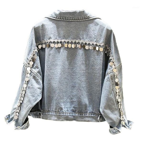 

women jean jacket new sequined personality denim clothing 2020 long sleeve pockets denim jackets women loose outwear female1, Black;brown