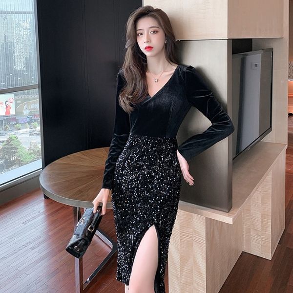 

2021 new velvet sequin black gothic women long split 2021 spring one-piece dress korean ladies party clothes new js7g rt7a, Black;gray