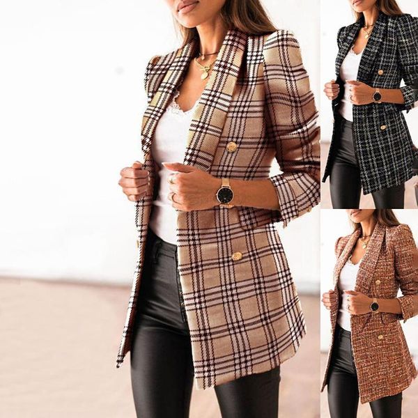 

women casual plaid coat long sleeve turn-down collar button blouse woman spring autumn fashion double breasted loose black coats, Black;brown