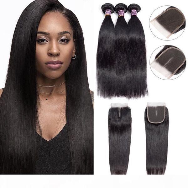 

8a brazilian straight human hair bundles with closure 100% unprocessed virgin body wave bundles with lace closure remy human hair weave, Black