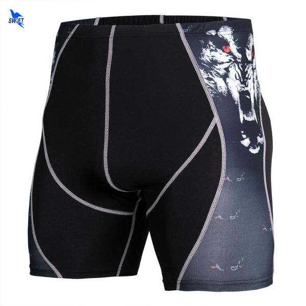 

quick dry elastic compression short running tights men 3d wolf printed crossfit workout clothing base layer gym fitness shorts, Black;blue