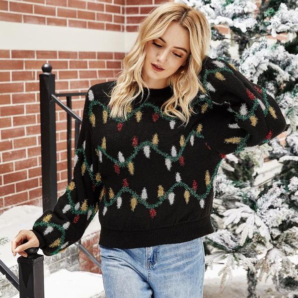 

women's sweaters winter women christmas cartoon color light bar pullover long sleeve crewneck knit casual style, White;black