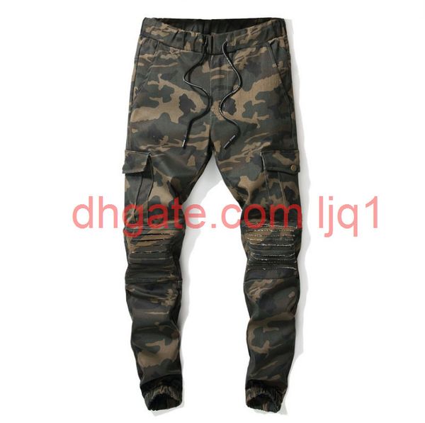 

new men's camouflage army green jeans slim fit multi pocket designer denim trousers for male elastic runway jeans, Blue
