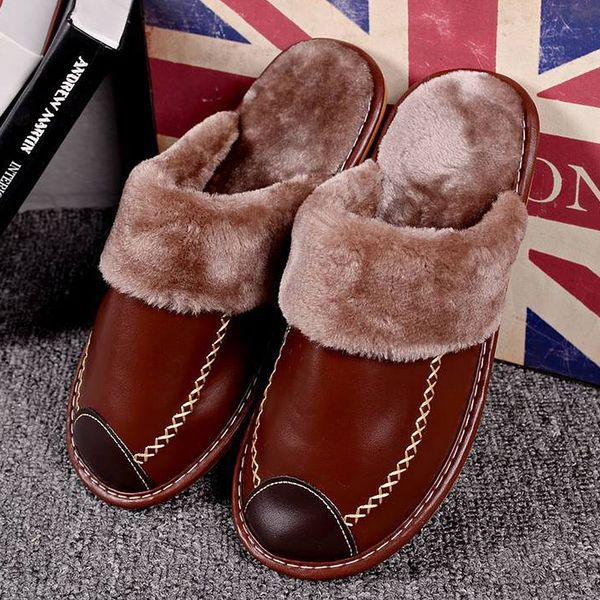 

women slipper for home winter leather slippers woman indoor couples short plush warm non-slip waterproof fur slippers large size x1020, Black