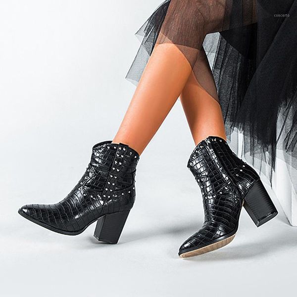 

rivet motorcycle western cowboy boots women animal crocodile pattern pu leather high heels cowgirl booties ankle botas shoes1, Black