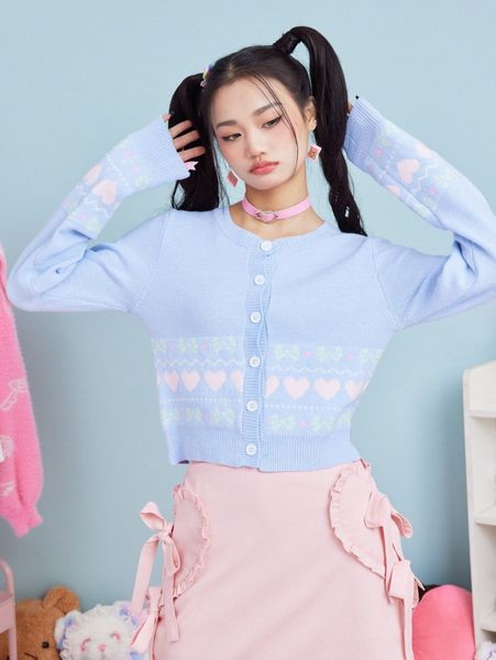 

romwe heart & bow pattern button front cardigan 54w2#, White