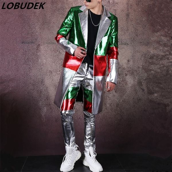 PU Leather Splicing Colore Blazer lunghi Pantaloni 2 pezzi Stile punk Abiti da uomo Marea Cantante maschio Concert Stage Costume Nightclub 201109