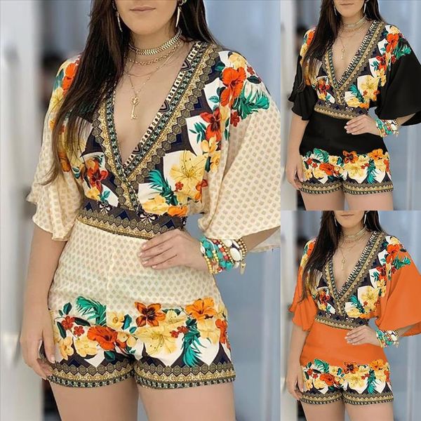 

женщины 3 4 рукавные шорты сплетенные цветочные напечатанные сексуальные v-образным вырезом богемский комбинезон дамы backblob slim playsuit, Black;white