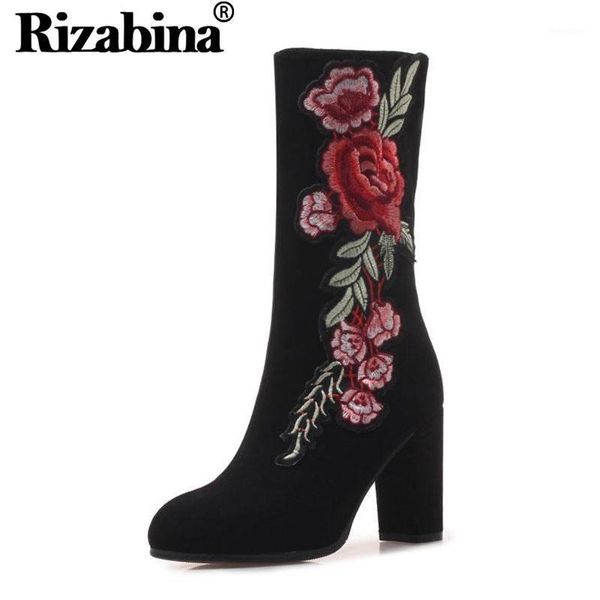 

rizabina women high heels boots real leather winter warm fur shoes women national style embroidery half short boots size 34-431, Black