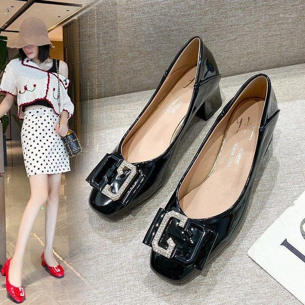 

plus size 35-43 med heels dress shoes women pumps patent leather boat shoes square toe office metal zapatos mujer 8354n1, Black