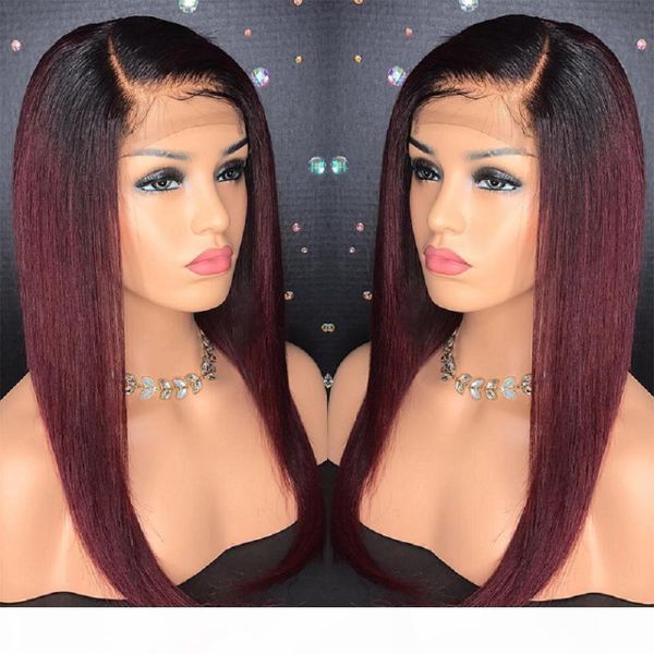 

ombre colored 1b 27 lace front human hair wigs for black women 1b burgundy straight hair wigs 13*4 plucked 130% remy brazilian, Black;brown
