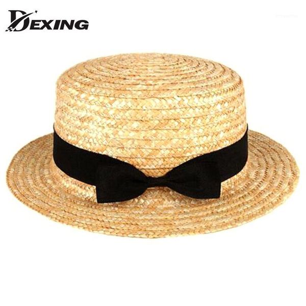 

wholesale- [dexing] fashion flat straw hat summer hats for women contracted sun shade hat tourism girls boater hat chapeau1, Blue;gray
