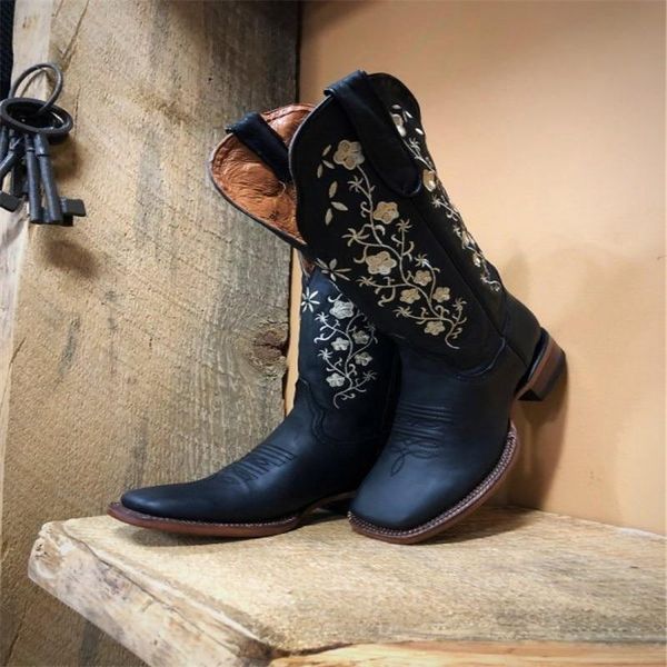 

new fashion women boots floral embroidered western boots warm cowgirl ankle women knee high riding vintage outdoor, Black