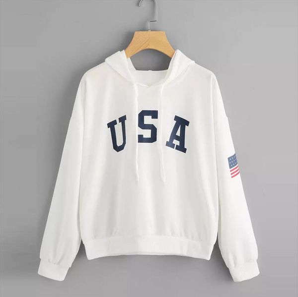 

womens hoodies usa letter flag printed sweatshirt long sleeve pullover autumn hooded blouse casual outwear clothes, Black