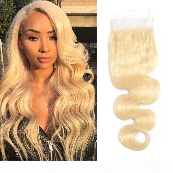 

brazilian virgin hair 4x4 lace closure middle three part 613# blonde body wave four by four lace closure, Black