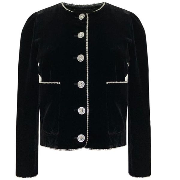 

autumn new fashion diamond shiny velvet slim o-neck single breasted fit jacket women, Black;brown