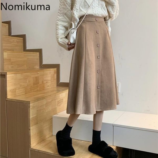 

skirts nomikuma korean harajuku high waist skirt women buttons casual loose a line female elegant fashion faldas mujer 3c853, Black