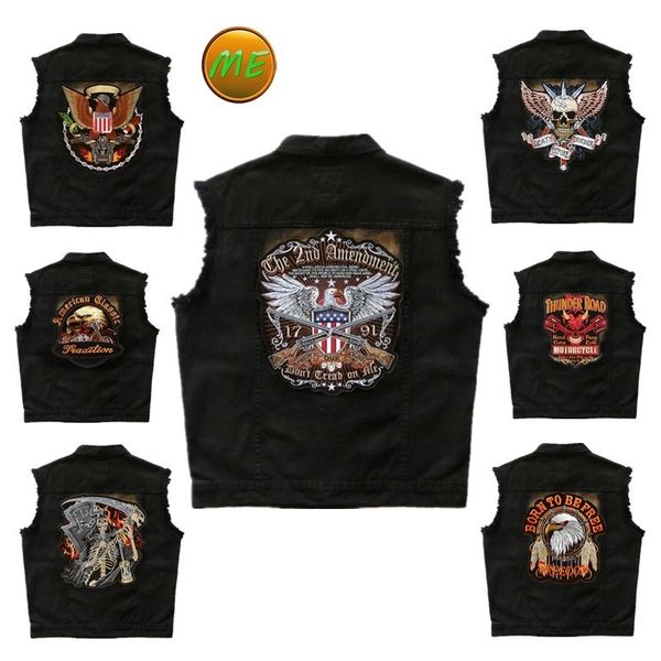 

embroidered denim vest black jeans patchwork motorcycle biker jeans sleeveless jacket punk cowboy fashion vest 6xl 201116, Black;white