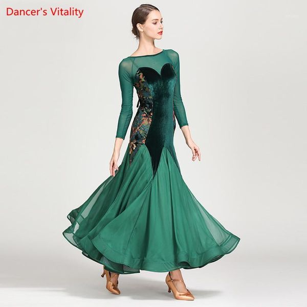 

female ballroom dance dress 2018 women gauze long sleeves big swing dresses ballroom waltz tango dance performance costume1, Black;red