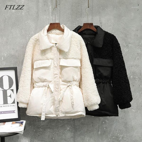 

women's down & parkas ftlzz winter jackets women patchwork lambswool white duck coat sash tie up parka slim warm outwear1, Black