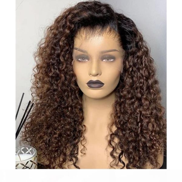 

pre plucked ombre dark brown lace wig with baby hair 180density bouncy curly 4x4 silk lace front human hair wigs remy, Black;brown