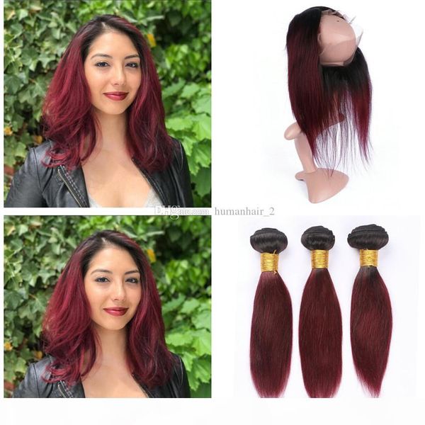 

burgundy ombre hair with 360 lace frontal closure silk straight 1b 99j wine red 360 lace frontal closure with silk straight hair bundles, Black;brown