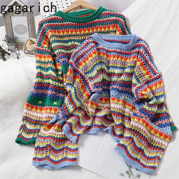 

gagarich women christmas sweater autumn sweet multi-color stripe pullover o-neck slim hollow korean-style crocheted 201224, White;black