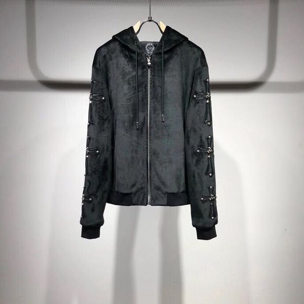 

new fashion crosin ch casual metal cross leather jacket hooded long sleeve men's coat, Black