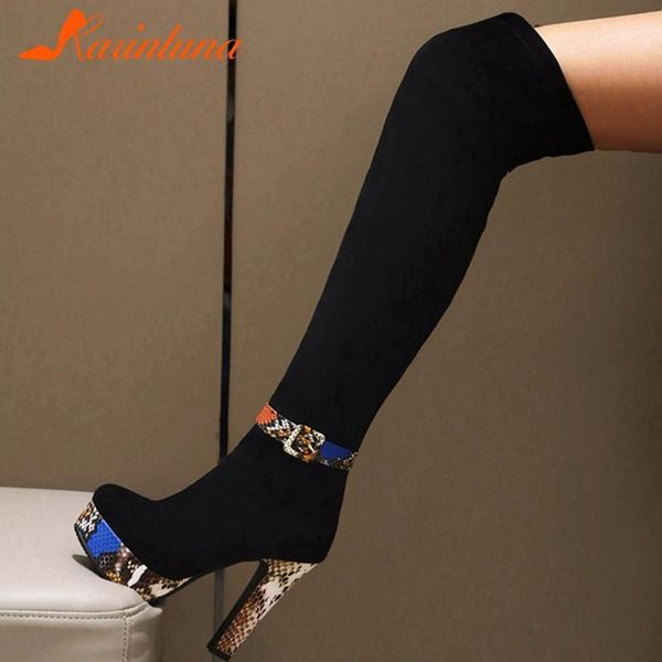

boots fashion brand women shoes plarform square thick heels party buckle straps flock autumn female shoes1, Black