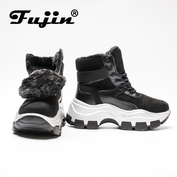 

fujin snow boots 2020 women winter shoes fur plush inside lace up booties female ladies ankle boots motorcycle leather1, Black