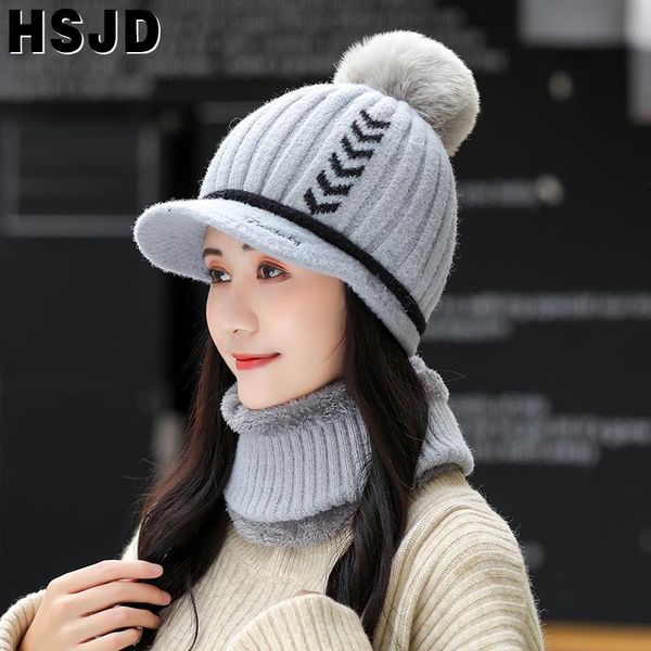 

beanie/skull caps women's winter knitted hat scarf neck warmer visor hats 2 pieces set thick warm female skullies beanies bonnet, Blue;gray