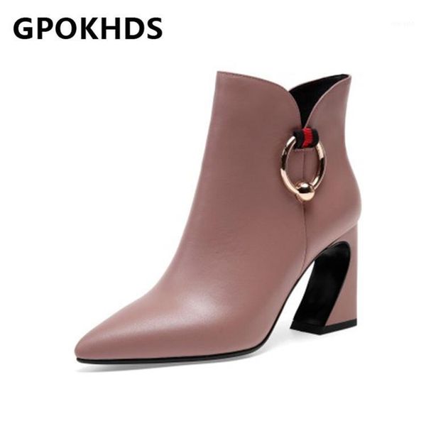 

gpokhds 2021 women ankle boots cow leather winter short plush pointed toe zipper metal decoration high heels female boot size 391, Black