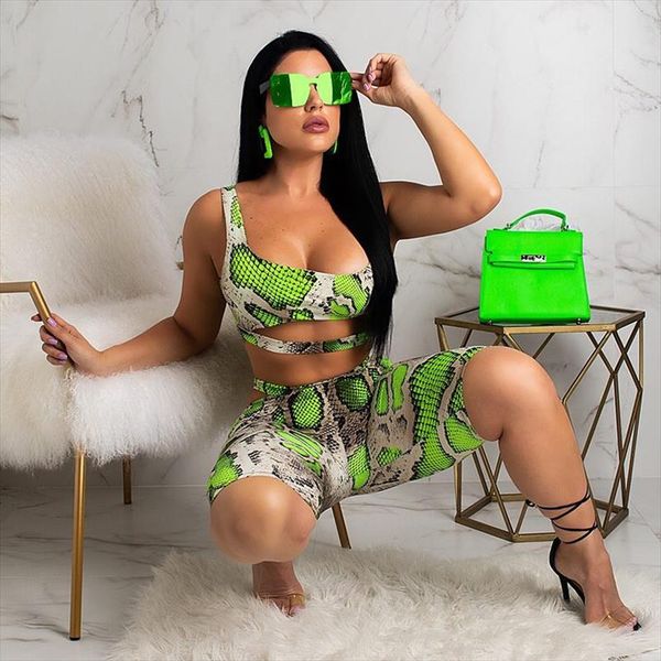 

snake skin print 2 piece set women sleeveless hollow out crop cut out shorts summer fashion streetwear two piece outfits, Gray