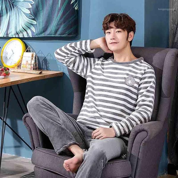 

men's pajamas set 2019 new style autumn winter thicken warm flannel male pajamas sets long sleeve sleepwear +pants leisure1, Black;brown