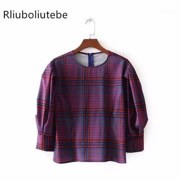 

women long puff sleeves checked vintage plaid blouse contrast 2018 spring summer blouse loose o-neck office shirt fashion1, White