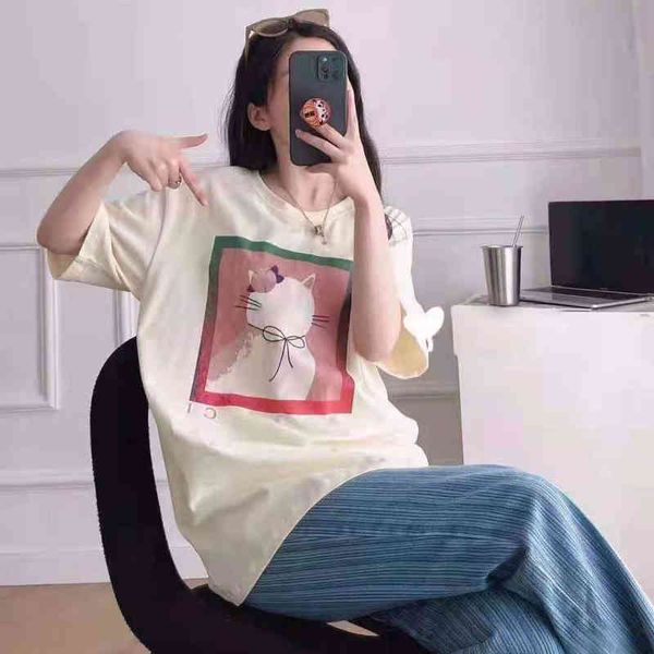 

2022 factory wholesale new fashion ancient + summer gradient p frame cat digital printing short sleeve loose thin sweet girl t-shirt, White