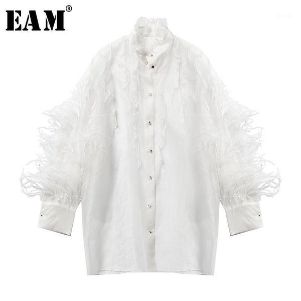 

eam] 2020 new spring autumn stand collar long sleeve white feather tassels split big size shirt women blouse fashion jt2831