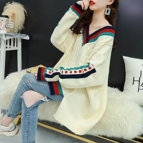 

sweater women pullover loose-fit large v-neck spring and autumn new korean-style top, White;black