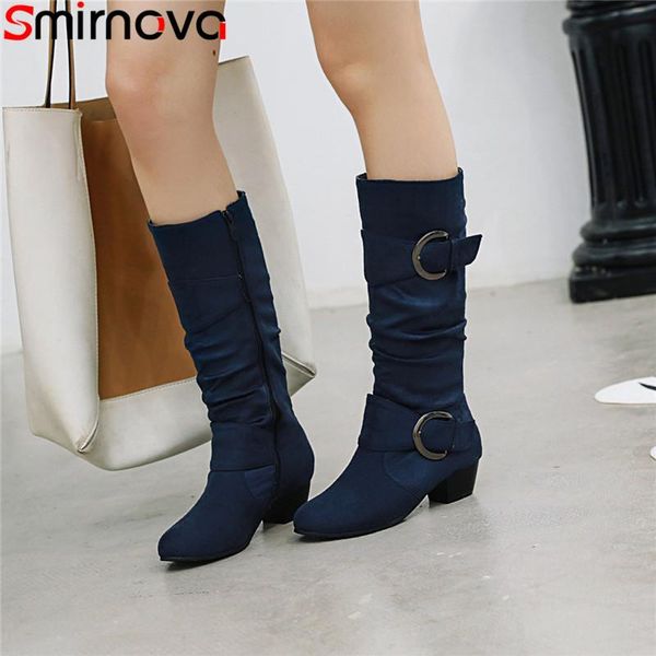 

smirnovabig size 34-43 fashion mid calf boots round toe ladies high heels shoes women boots flock autumn winter 2020 new, Black
