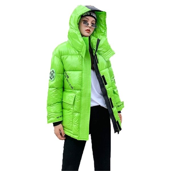 

hooded shiny woman parkas coats thicken warm women's winter jacket glossy cotton padded with zipper loose thick coat outwear y201012, Black