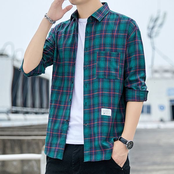 

obcy2021 spring youth fashion trend casual plaid long sleeve shirt for men, White;black