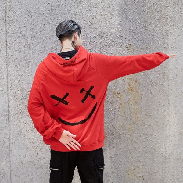 

tmqrc 19ss hip-hop smiley face black and white patchwork men's and women's coat hoodie hoodie graffiti coat bboy loose couple&#039