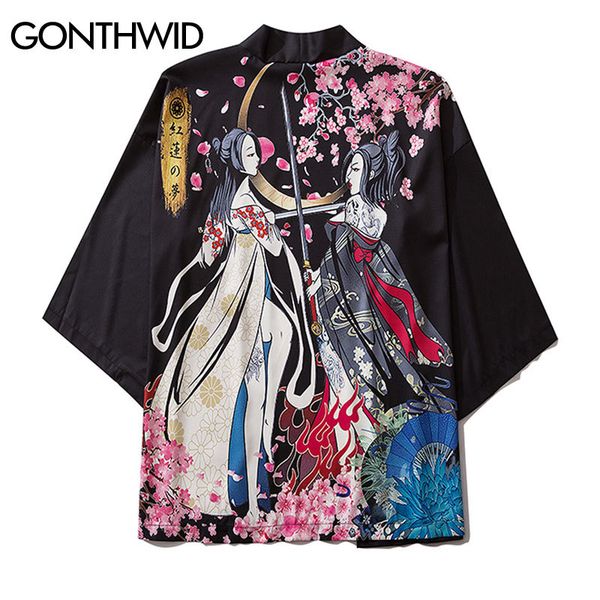

japanese girls cherry blossoms print kimono cardigan jackets streetwear hip hop casual open front coats shirts men kg-49, Black;brown