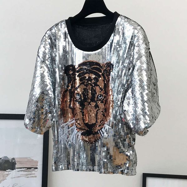 

summer new fashion tiger head loose t-shirt round neck pullover short sleeve sequin for women, Black;gray