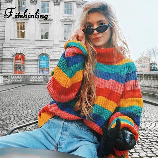 

fitshinling 2020 winter turtlenecks sweaters for women rainbow stripes fashion pullover female knitted jumper lady's sweater, White;black