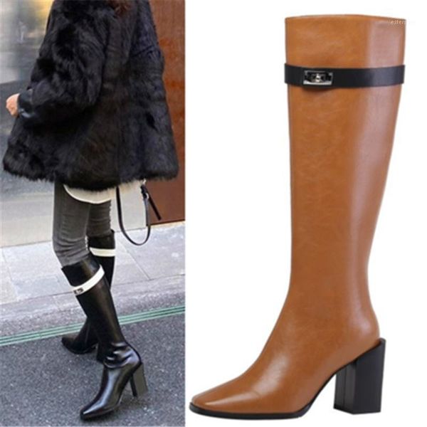

boots siddons 2021 women's winter knee high square toe side zipper fashion runway shoes woman heels long knight boot female1, Black