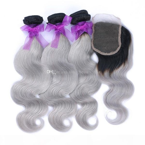 

silver grey lace closure with bundles #1b grey dark root ombre human hair with closure two tone body wave with closure 4pcs lot, Black