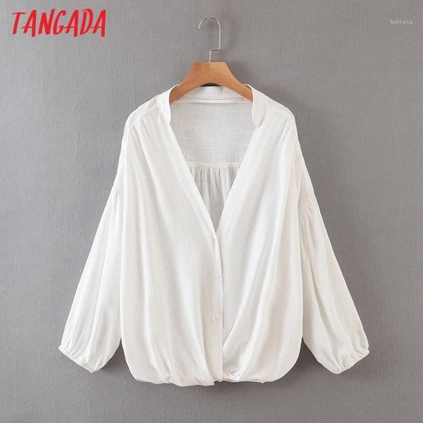 

tangada 2020 autumn women loose white shirts long sleeve solid v-neck female casual blouses sl5451